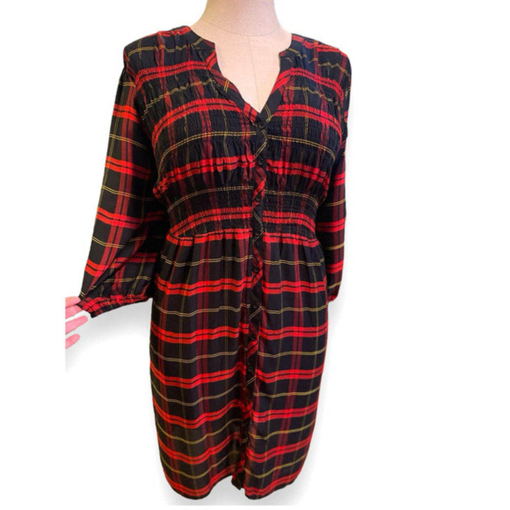 New‎ Torrid 3 (3x 22/24) Red/Black/Yellow Plaid Twill Tunic Mini Smocked Dress
